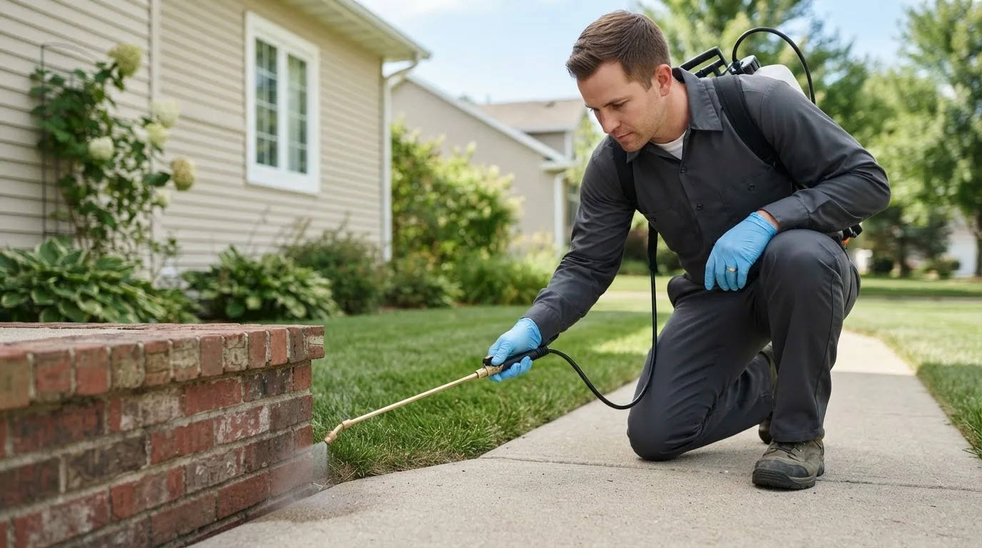 Pest control technician treating a home near Burwell, NE